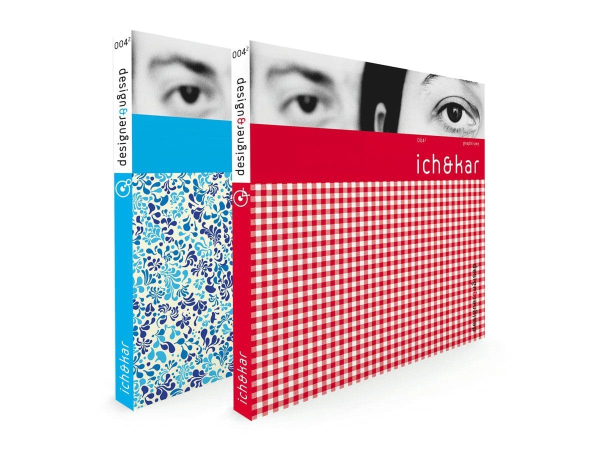 Les couverture de design&designer sur Ich&Kar, bleu pour le design et rouge pour le graphisme, édition Pyramyd