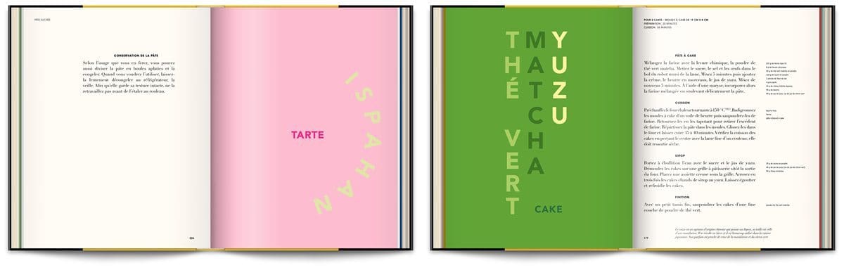 Le livre Infiniment de Pierre Hermé, typographie expressive et couleurs acidulées thé vert, matcha et yuzu, design IchetKar