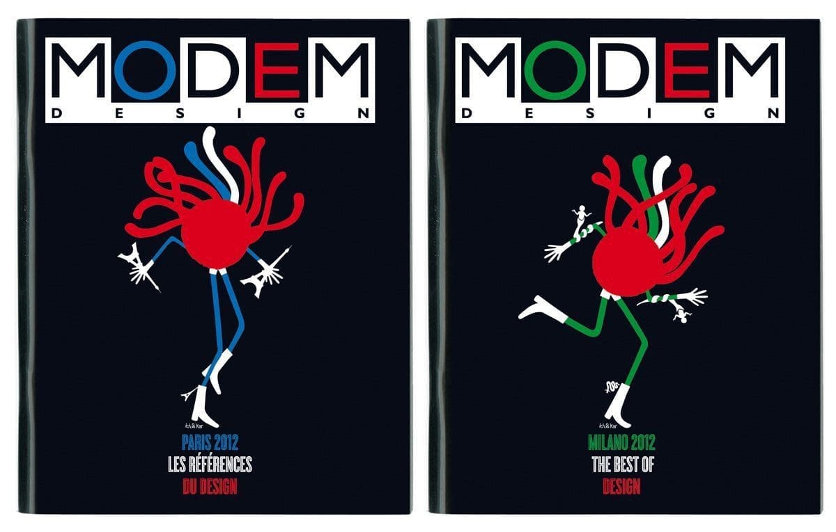 L'iconique personnage Mister Spaghetti, dessiné paar Ich&Kar, en couverture du Modem Design Paris et Modem Design Milan