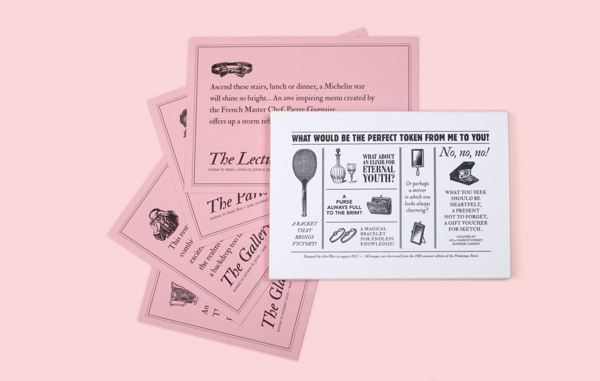 The Wonderfull Sketch' Voucher Box du Restaurant Sketch, Londres, une boite avec carte, badges… dessinée par Ich&Kar pour recevoir en cadeau un diner dans restaurant