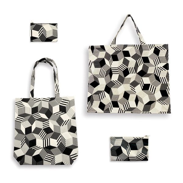 Sac Weekend et Tote bag, trousse de maquillage et pochette minizip aux motifs géométriques Penrose Stripes black and white, design Ich&Kar, édition Bazartherapy.