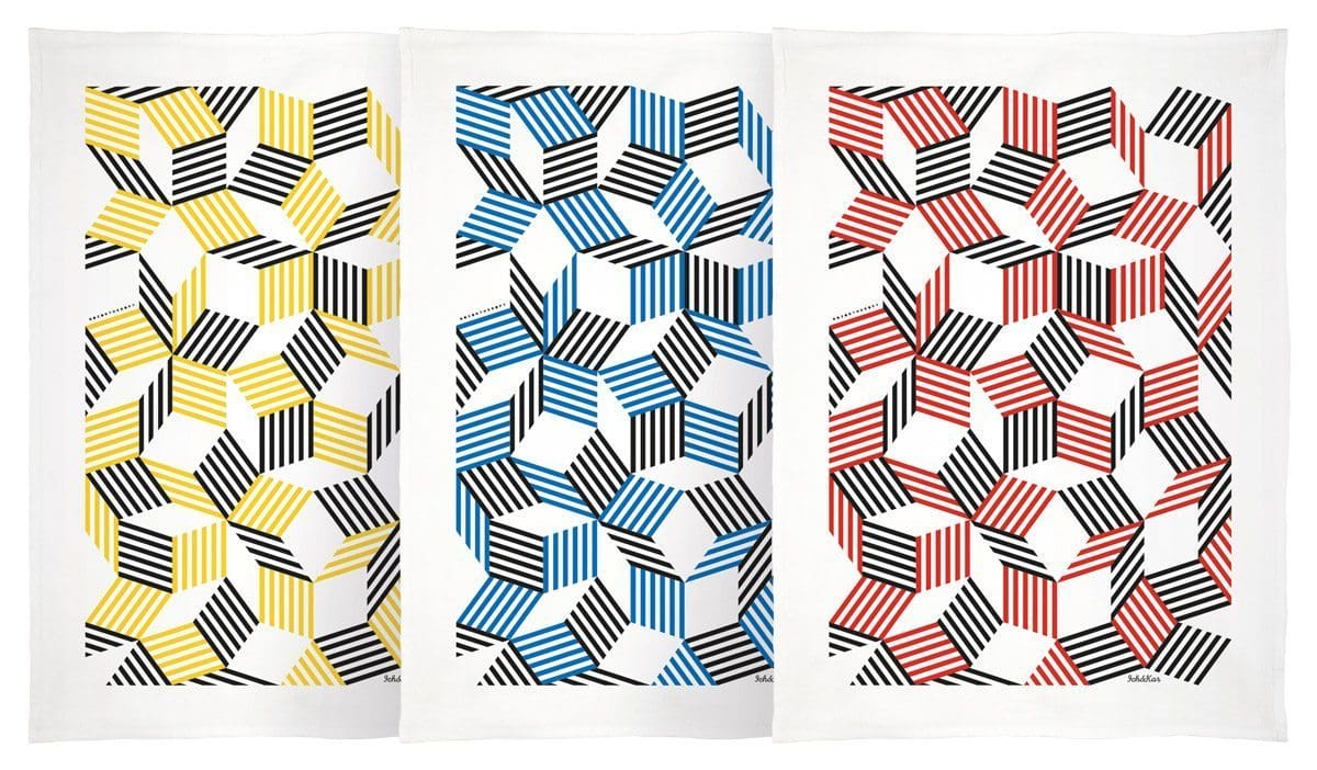 Torchons Penrose Stripes jaune, bleu et rouge, aux motifs géométriques, dessinés par Ich&Kar, édition Bazartherapy.