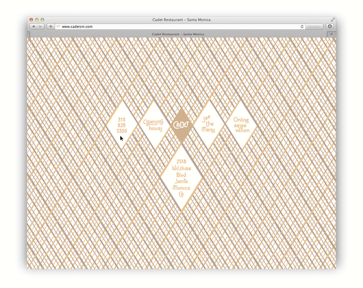 Site web du restaurant Cadet de Santa Monica. Une identité visuelle inspirée des cartes à jouer, un petit éléphant se ballade sur le site. Website of the restaurant Cadet at Santa Monica. We can see a little elephant crossing. Design by ich&kar