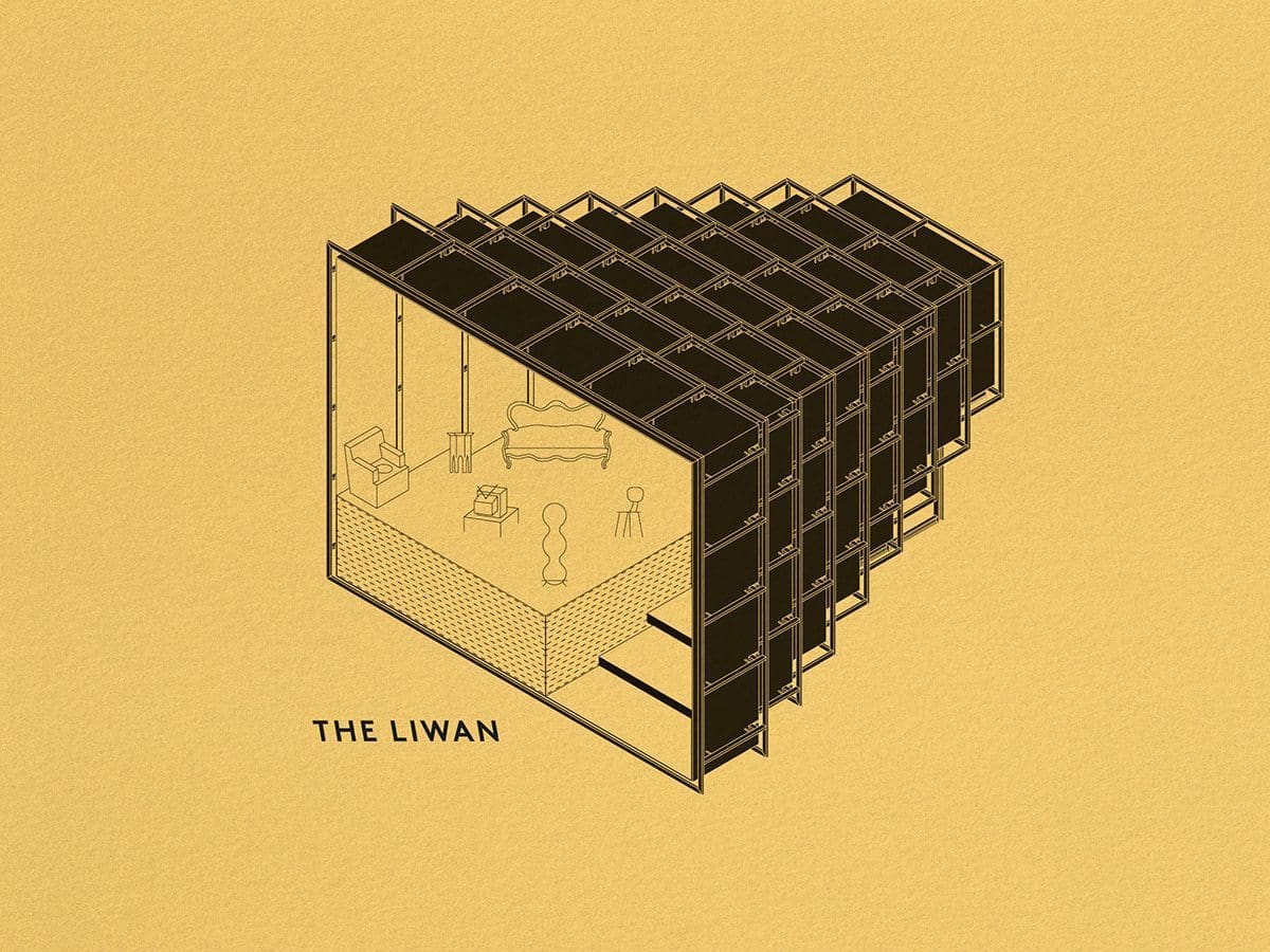 illustration symbolique de the liwan, un salon libanais installé dans une des structures telescopiques camera chiara annabel Karim Kassar