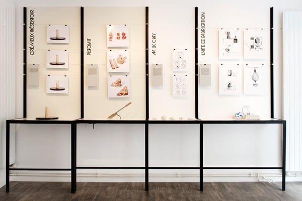 Les projets Crémeux Présentoir de Romain Kloeckner, Pistolait de Victor Grenez, Paul Louda et Léo Tavoni, Milk Clay de Sijya Gupta et Unité de Fabrication de Lisa David, Laure Manhes et Jaïna Ennequin, photo Colombe Clier