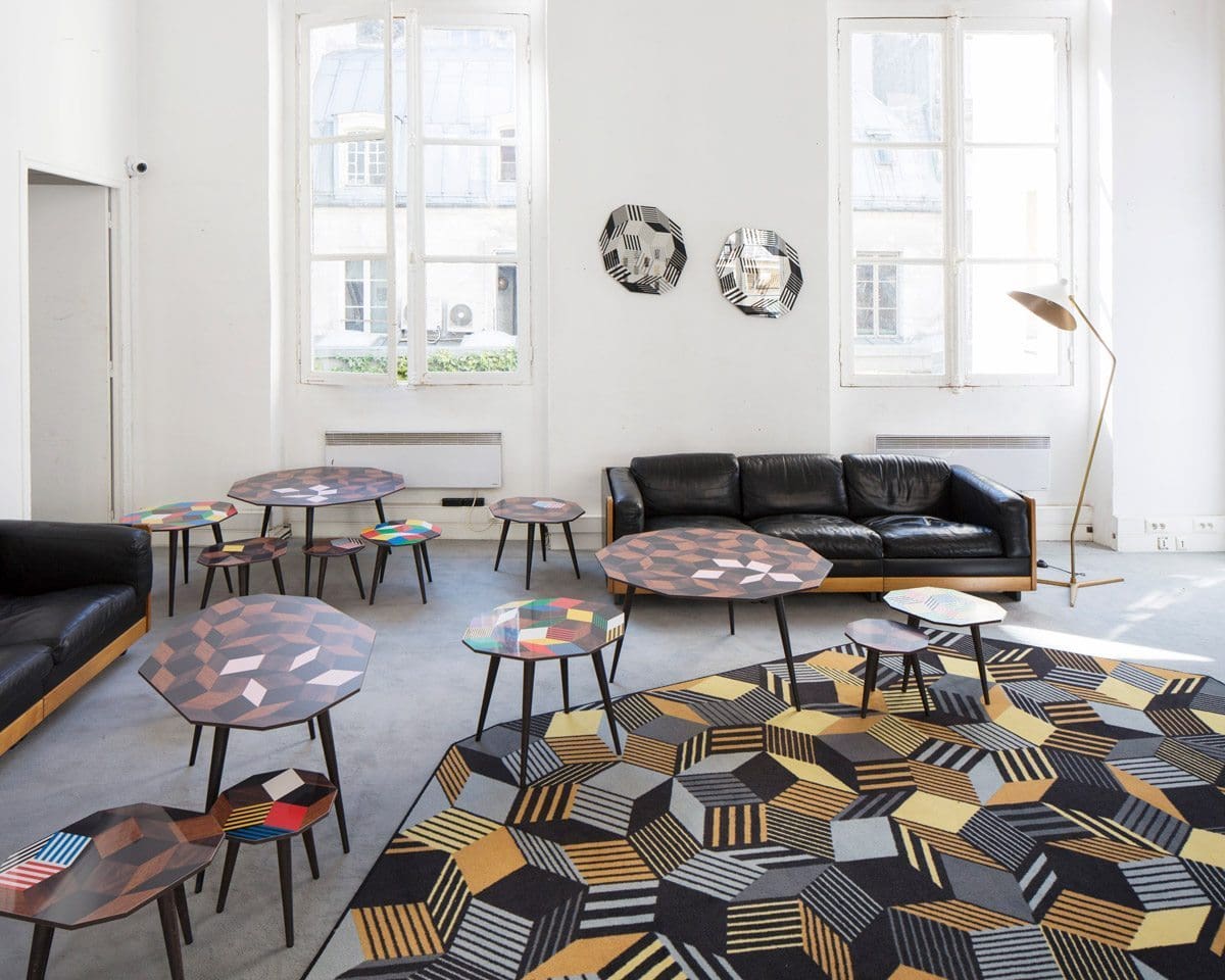 Exposition Penrose Project, Ich&Kar - Bazartherapy, Paris Design Week 2015, tapis, tables basses et miroirs au motifs géométriques