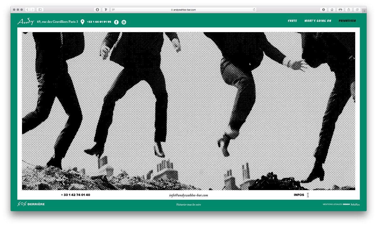 Page privatisation du site web de l'Andy Wahloo, situé au 69 rue des Gravilliers, ambiance Sixties, design Ichetkar