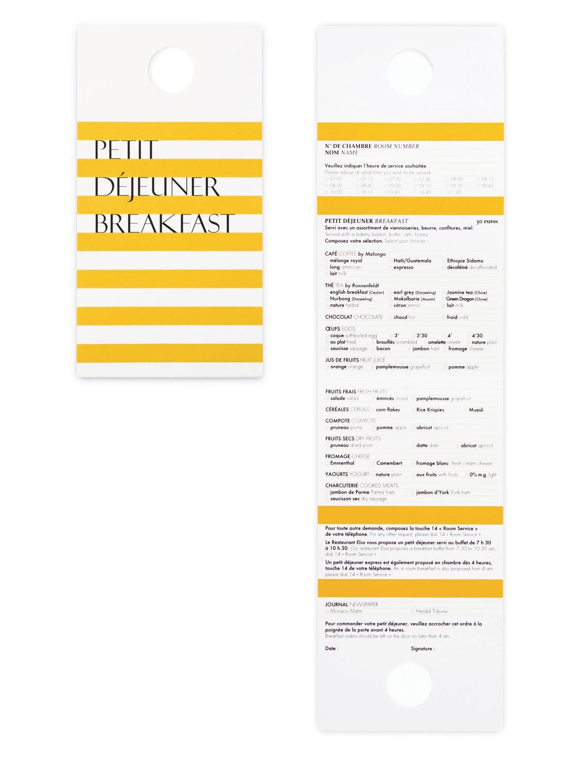 Etiquettes petit déjeuner pour la porte de chambre, hotel Monte Carlo Beach, rayures graphiques esprit bord de mer, design IchetKar