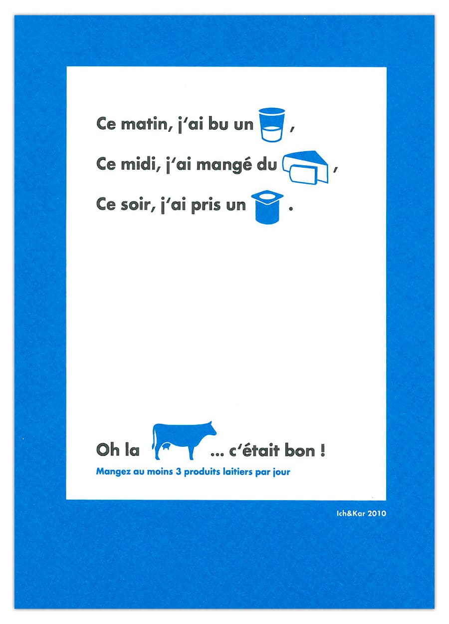 Ich&Kar dessine un set de carte postales pour la Milkfactory, 6 cartes postales I love Milk en forme de rébus moderne