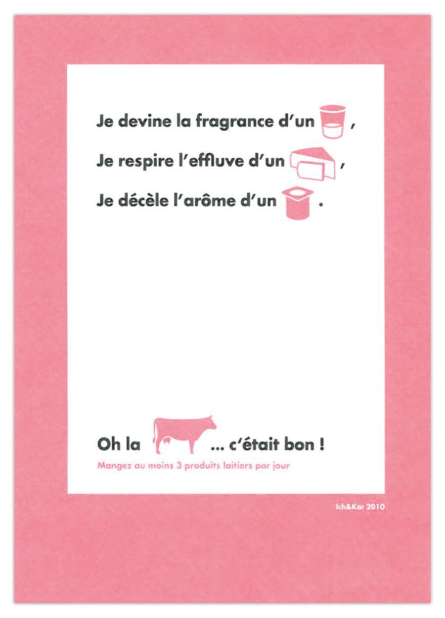 Ich&Kar dessine un set de carte postales pour la Milkfactory, 6 cartes postales I love Milk en forme de rébus moderne