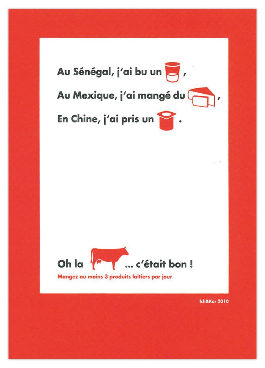 Ich&Kar dessine un set de carte postales pour la Milkfactory, 6 cartes postales I love Milk en forme de rébus moderne