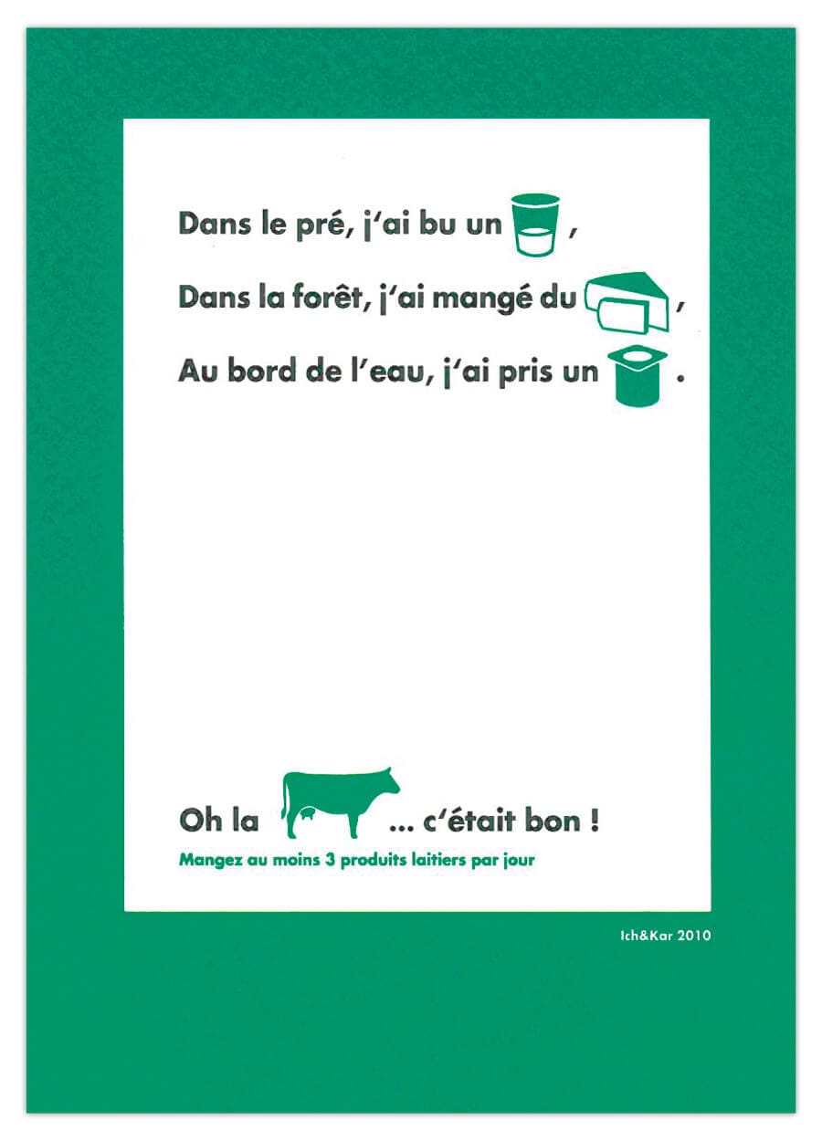 Ich&Kar dessine un set de carte postales pour la Milkfactory, 6 cartes postales I love Milk en forme de rébus moderne