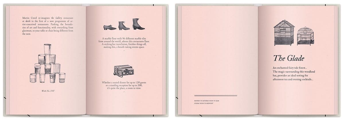 La brochure du Sketch London, les lieux imagé par IchetKar, rose poudré, sur-couverture poster et gravure, design IchetKar, fabrication Cent Pages