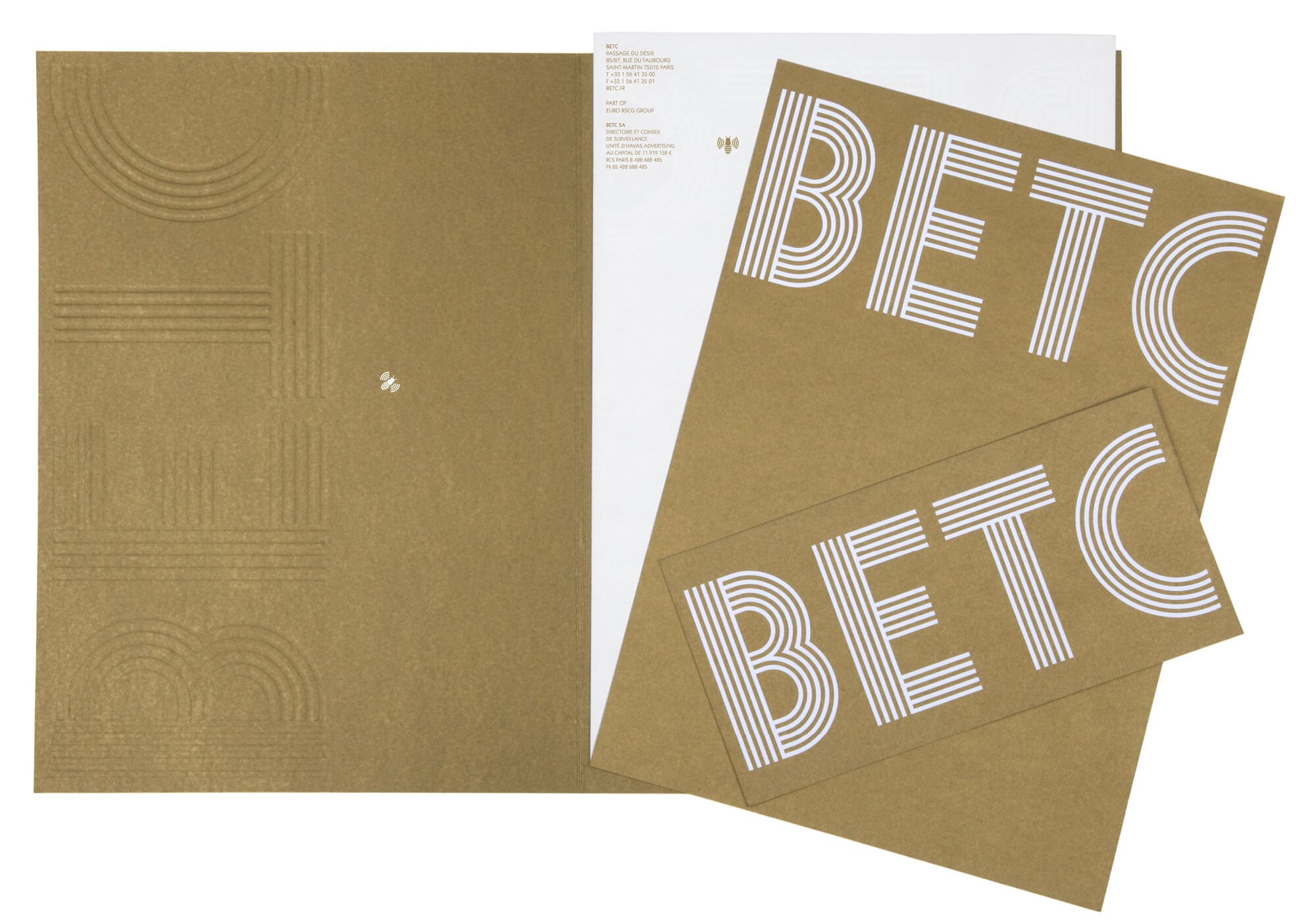 Pochette, papier en tête et carte de correspondance de l'agence de publicité BETC, gaufrage et or, design IchetKar