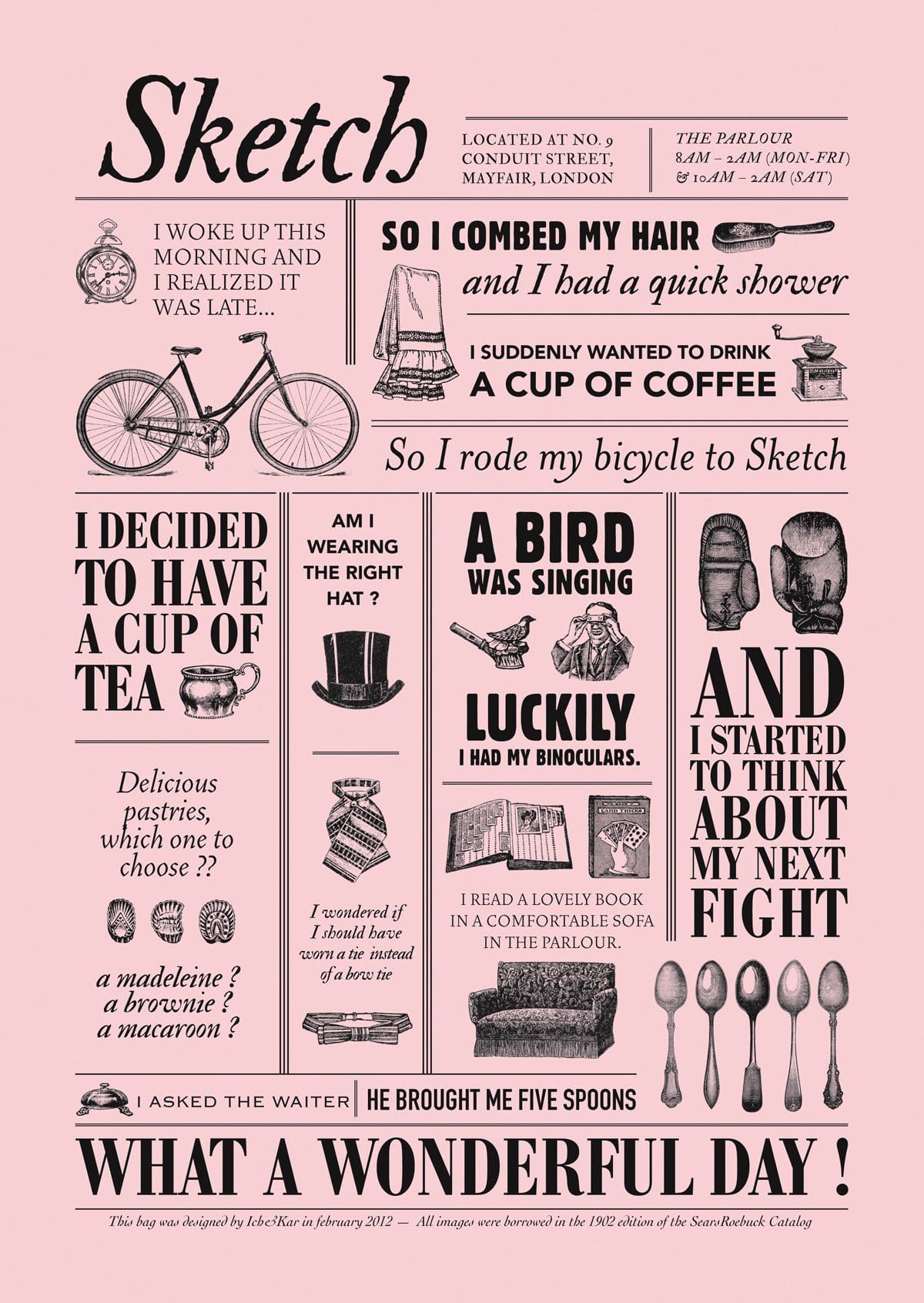 Les histoires illustrées par des gravures pour le sac rose du restaurant Sketch à Londres, design Ich&Kar