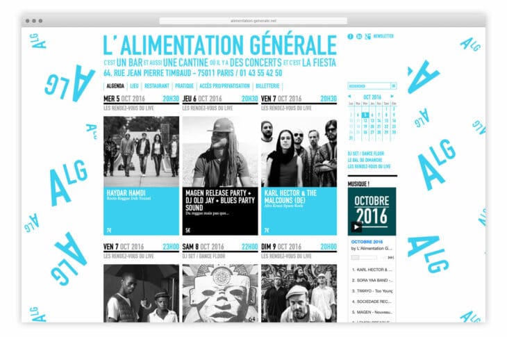 L'Alimentation Générale est sur la toile, Ich&Kar garde l'esprit de l' algenda en numérique … turquoise et noir, photo noir et blanc…