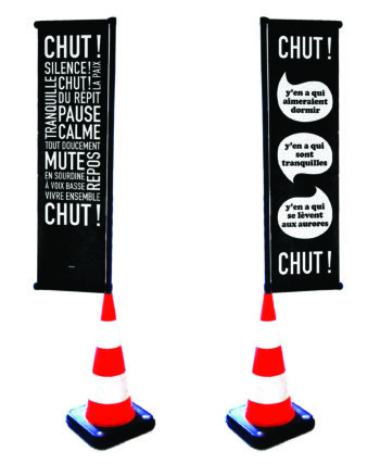 Ich&Kar et Clémence Farrell imaginent les drapeaux CHUT ! pour les bars et restaurant, un outil citoyen de sensibilisation à la tranquillité des riverains la nuit, typographique, urbain, rock’n’roll et poétique