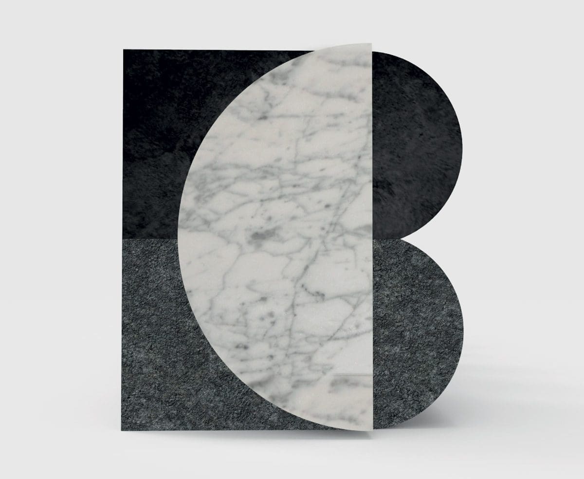 Identité visuelle du marbrier Blanc Carrare, Le blanc pur du marbre et la force noire de la lave, signée Ich&Kar.