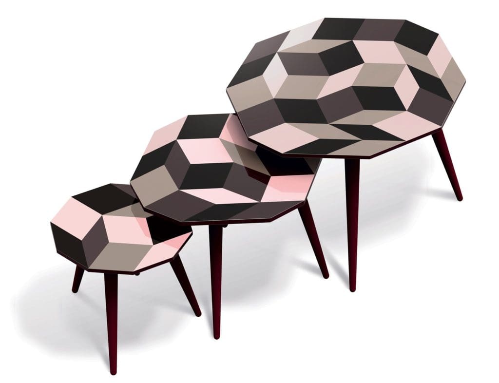 Trio de tables basses aux motifs de pavages Penrose Ice Cream, édition Bazartherapy, design Ich&Kar