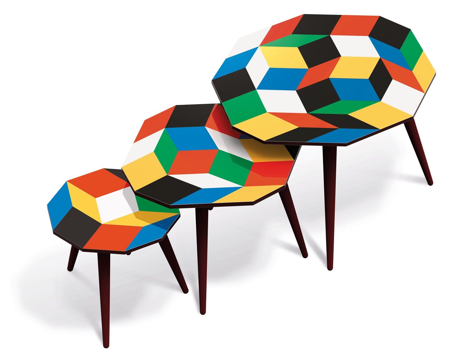 Trio de tables basses aux motifs de pavages de Penrose Primaries, couleurs primaires, design Ich&Kar, édition Bazartherapy