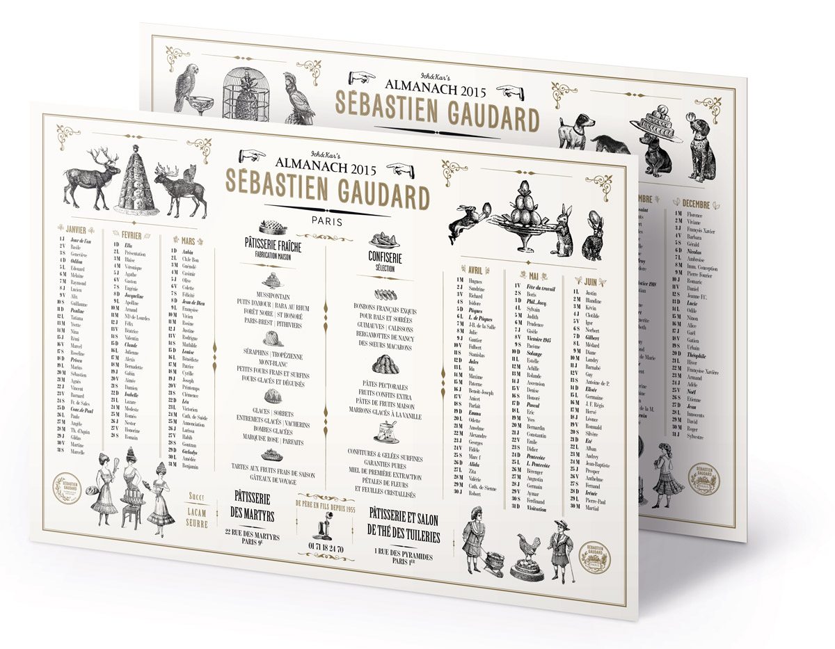 Almanach 2015 du pâtissier Sebastien Gaudard réalisé par Ich et Kar. Illustrations du 18eme siècle de jeunes filles en jupons à l'heure du goûter, lapins et cocottes, patisseries d'antan.