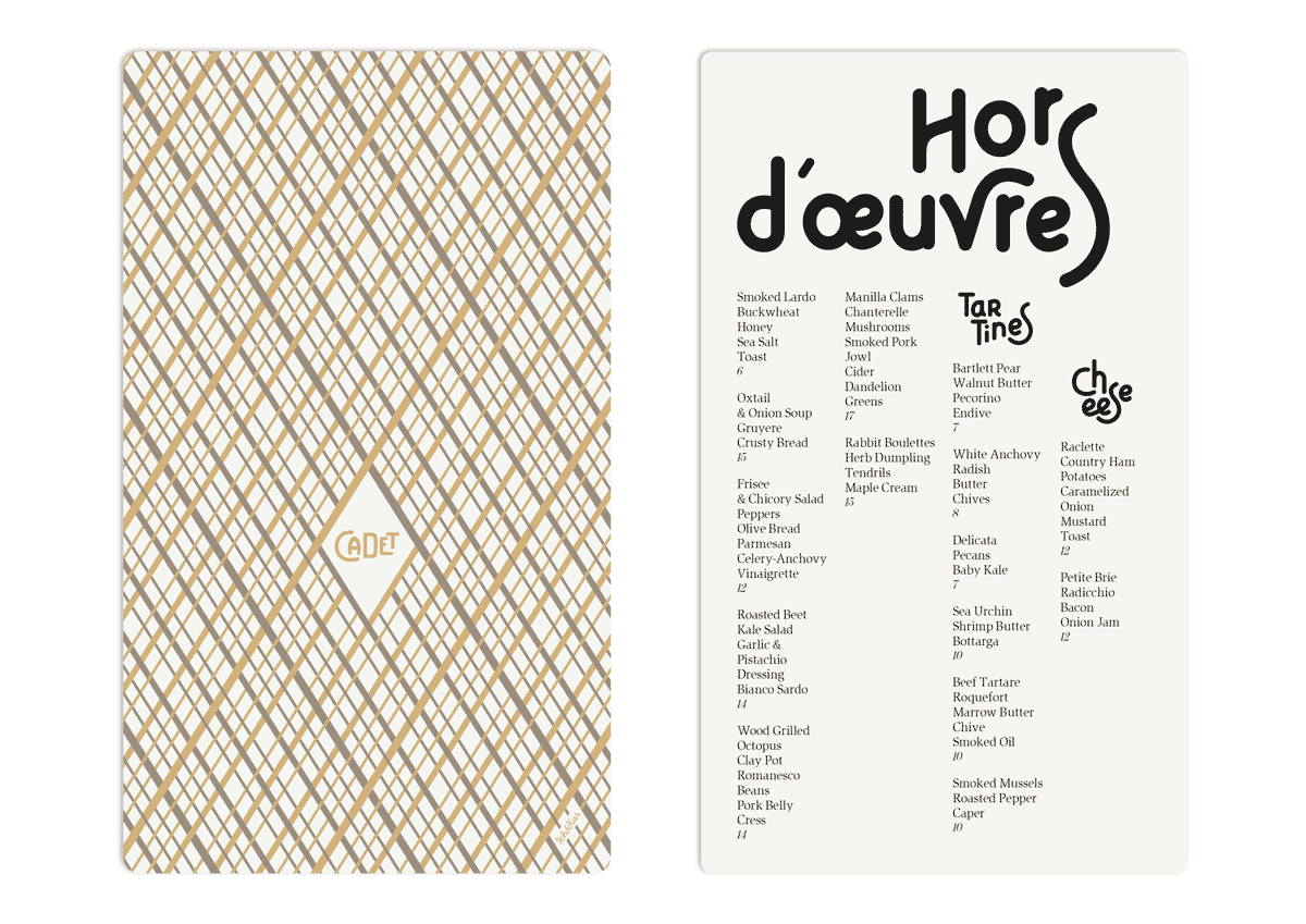 Menu card of the restaurant Cadet at Santa Monica that looks like playing cards. Cartes de menus du restaurant Cadet de Santa Monica, qui ressemblent à des cartes à jouer. Design by ichetkar