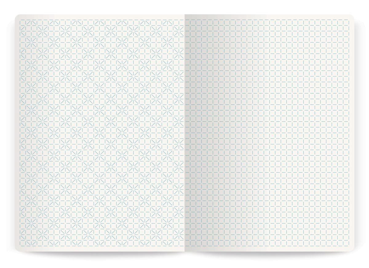 Intérieures d'un carnet d'Annabel Karim Kassar. Pages gauche et droite au motifs différent, design Ich&Kar