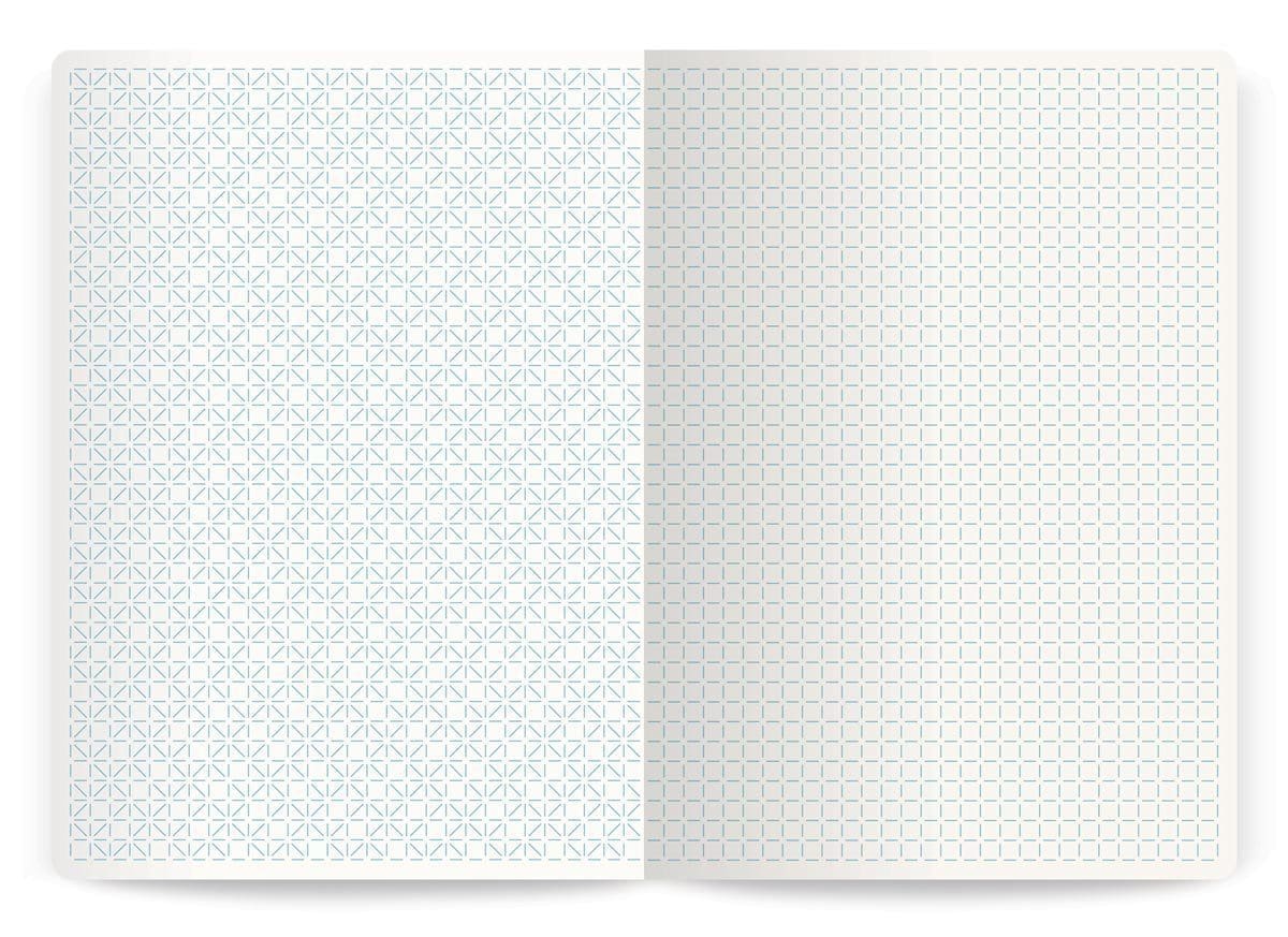 Intérieures d'un carnet d'Annabel Karim Kassar. Pages gauche et droite au motifs différent, design Ich&Kar