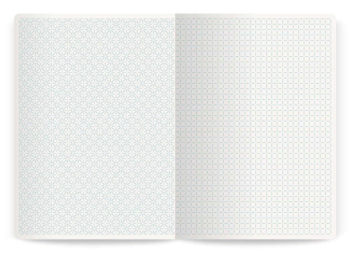 Intérieures d'un carnet d'Annabel Karim Kassar. Pages gauche et droite au motifs différent, design Ich&Kar