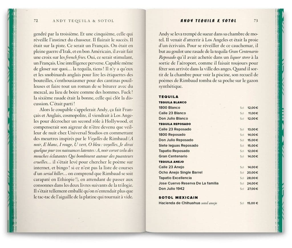Le menu de l'Andy Wahloo, l'histoire "Crime & Tequila", design Ich&Kar