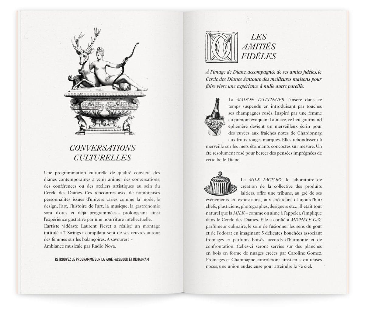 Le menu du cercle des Dianes, conversations culturelles et amitiés fidèles entre la milk factory, le champagne Taittinger et Claire Damon