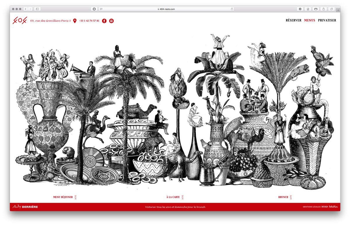 Une grande illustration pour la page présentant les menus du restaurant 404, cuisine Nord Africaine au 69 rue des Gravilliers, Paris 3, design et illustration Ich&kar