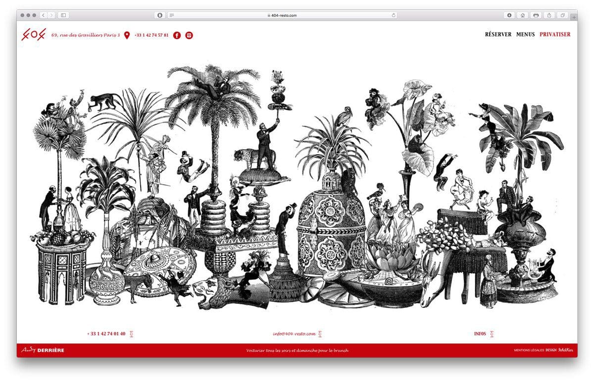 Pour la page privatisation du lieu du restaurant 404, Les graphistes IchetKar réalisent une illustration rappelant les tableaux du Douanier Rousseau