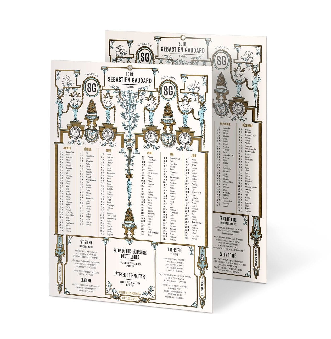 almanach 2018 illustré de cariatides et autres fantaisies imaginées par les graphistes du studio Ich&Kar d'après les motifs historiques du décorateur Bérain pour Sébastien Gaudard