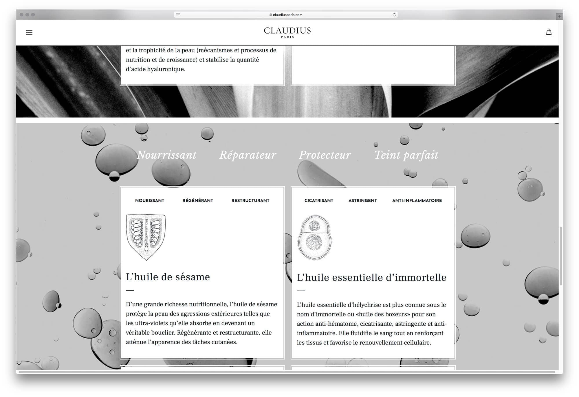 Site internet de Claudius, page histoire la marque et de sa fondatrice Sophie Guillou, design par Ichekar