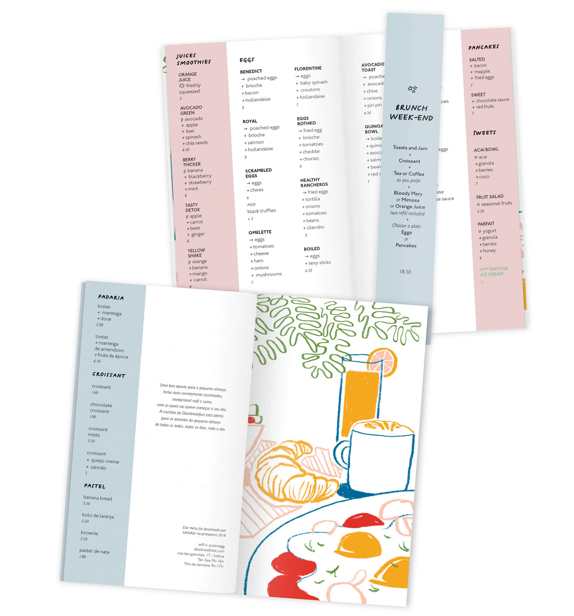 pages interieures du breakfast menus a lisbonne dans des teintes claires, illustration graphique par ichetkar