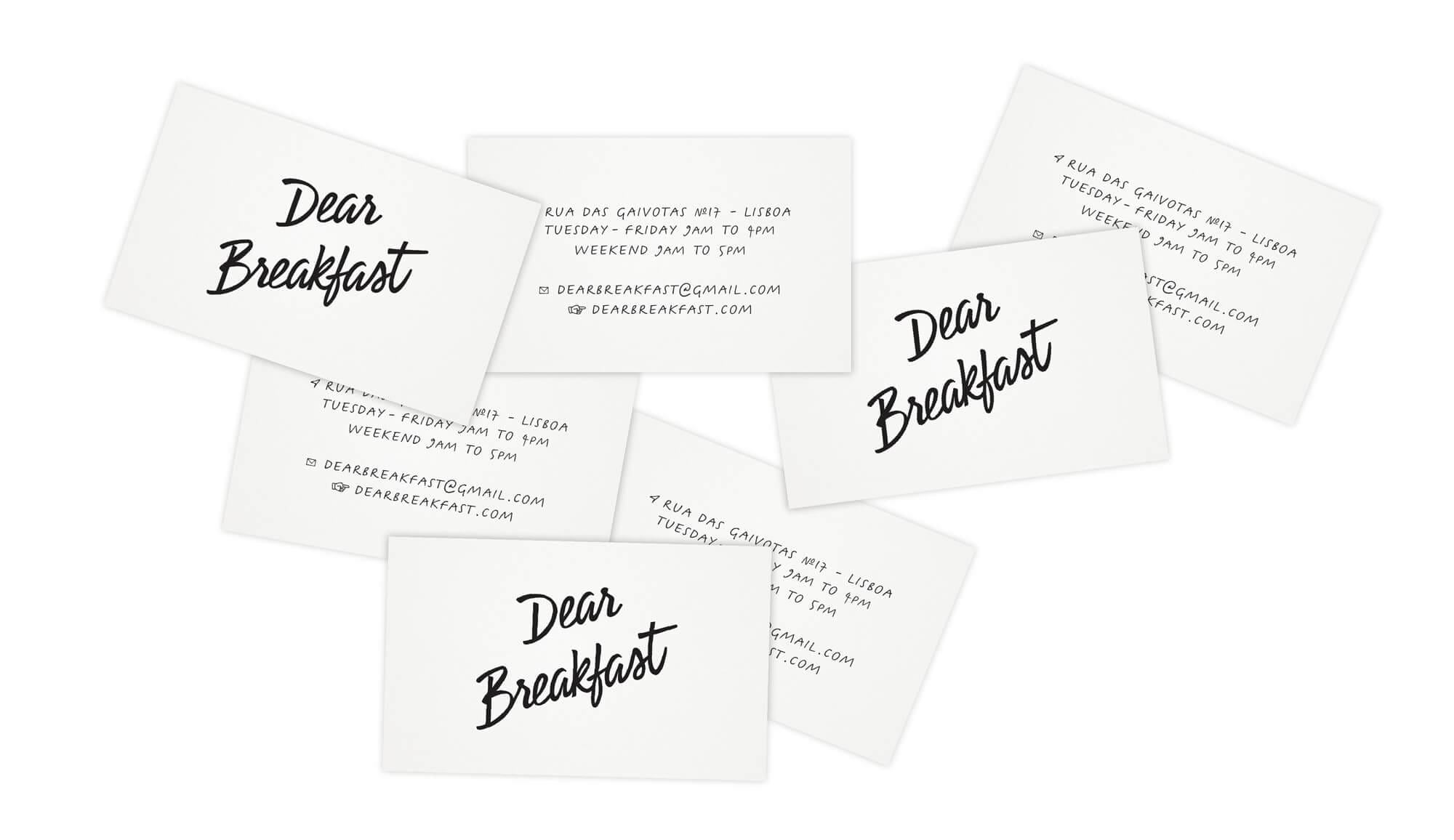 cartes de visites du restaurant dear breakfast, noires et blanches, minimalistes, avec le nouveau logo dessiné par ichetkar