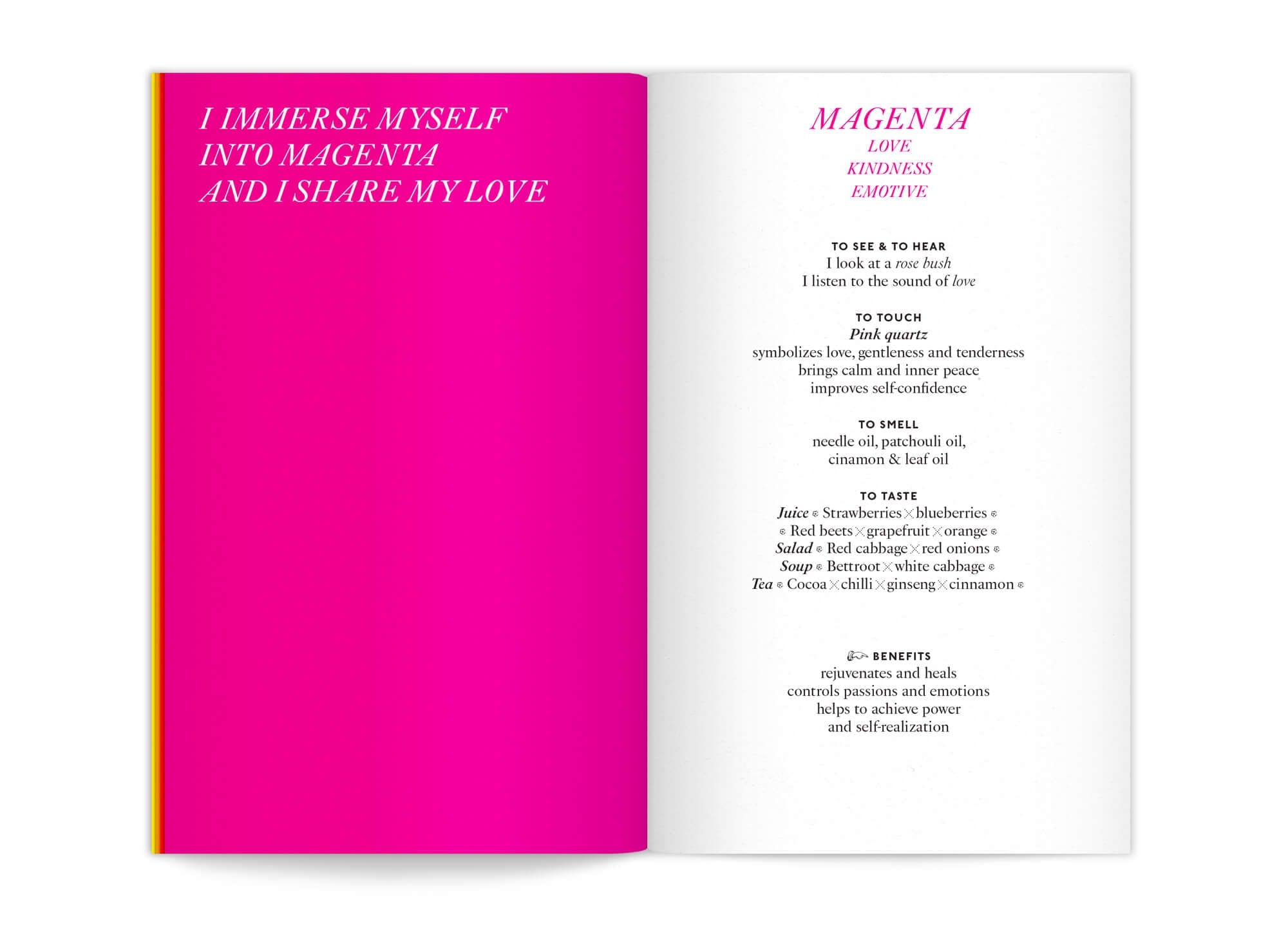 double page du chakra couleur magenta de l'édition "color benefits" pour mycocoon par le studio de graphisme IchetKar