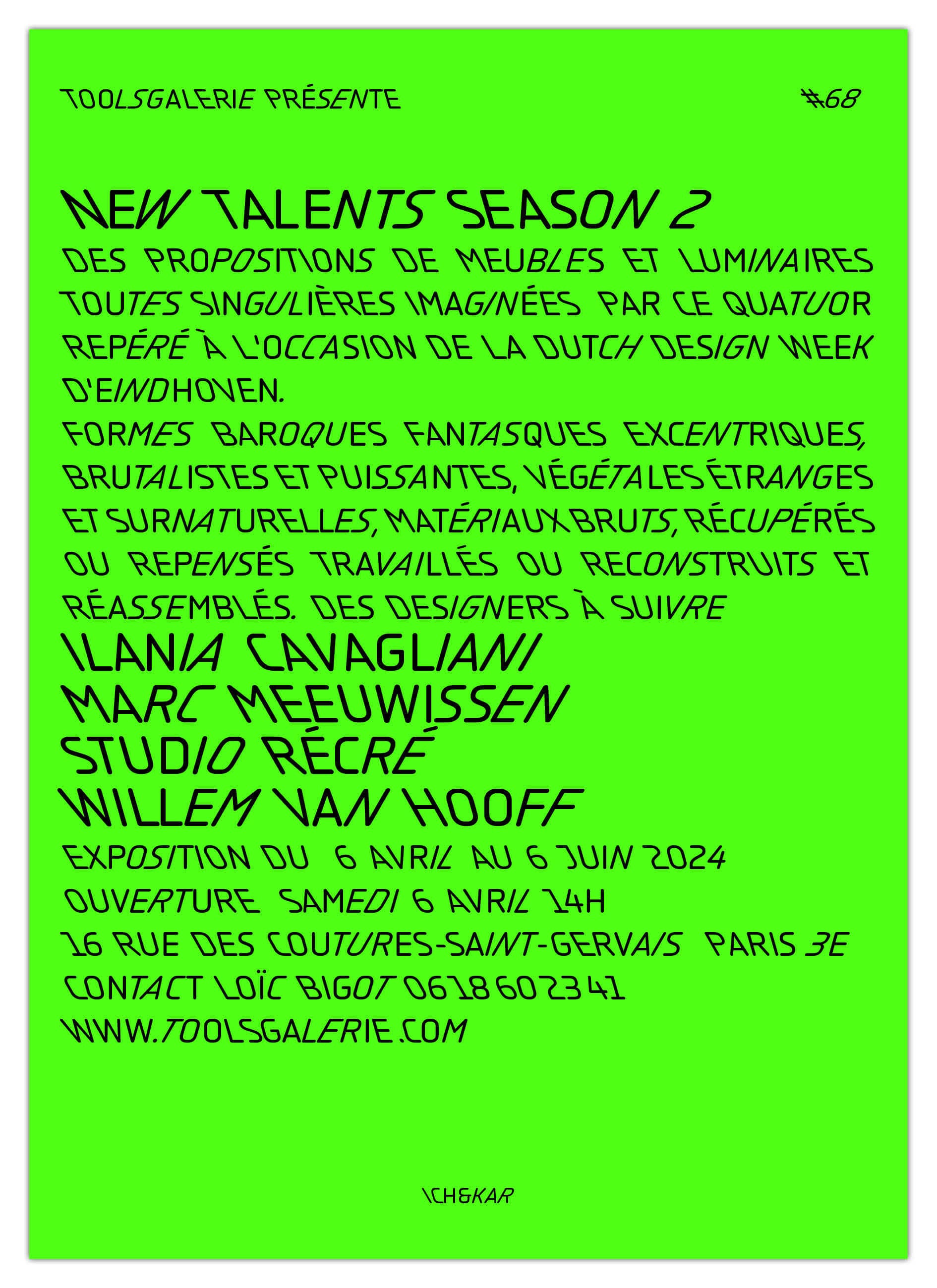 Carton d'invitation pour tools galery dessiné par Ichetkar avec la typographie de Peter Bilak pour l'exposition new talents season 2