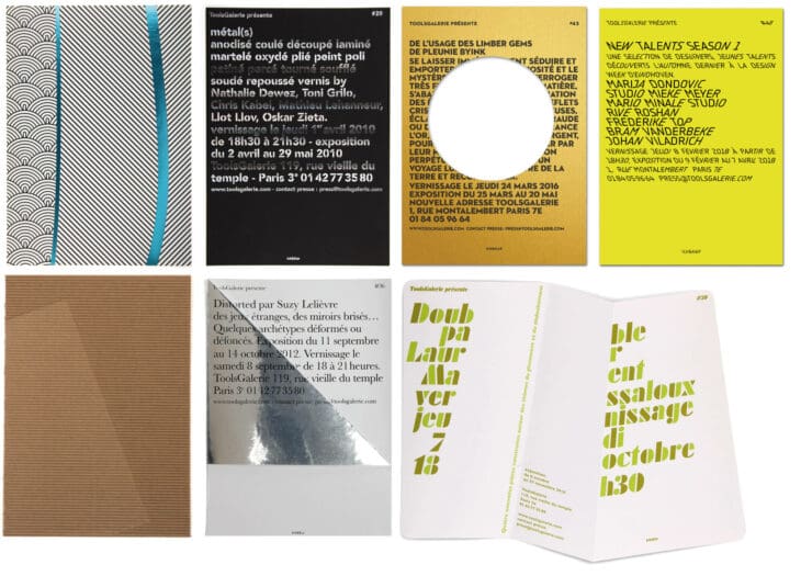 Collection de cartons d'invitation de la ToolsGalerie conçue par Ich&Kar depuis mars 2009, reflétant l'esprit du design contemporain