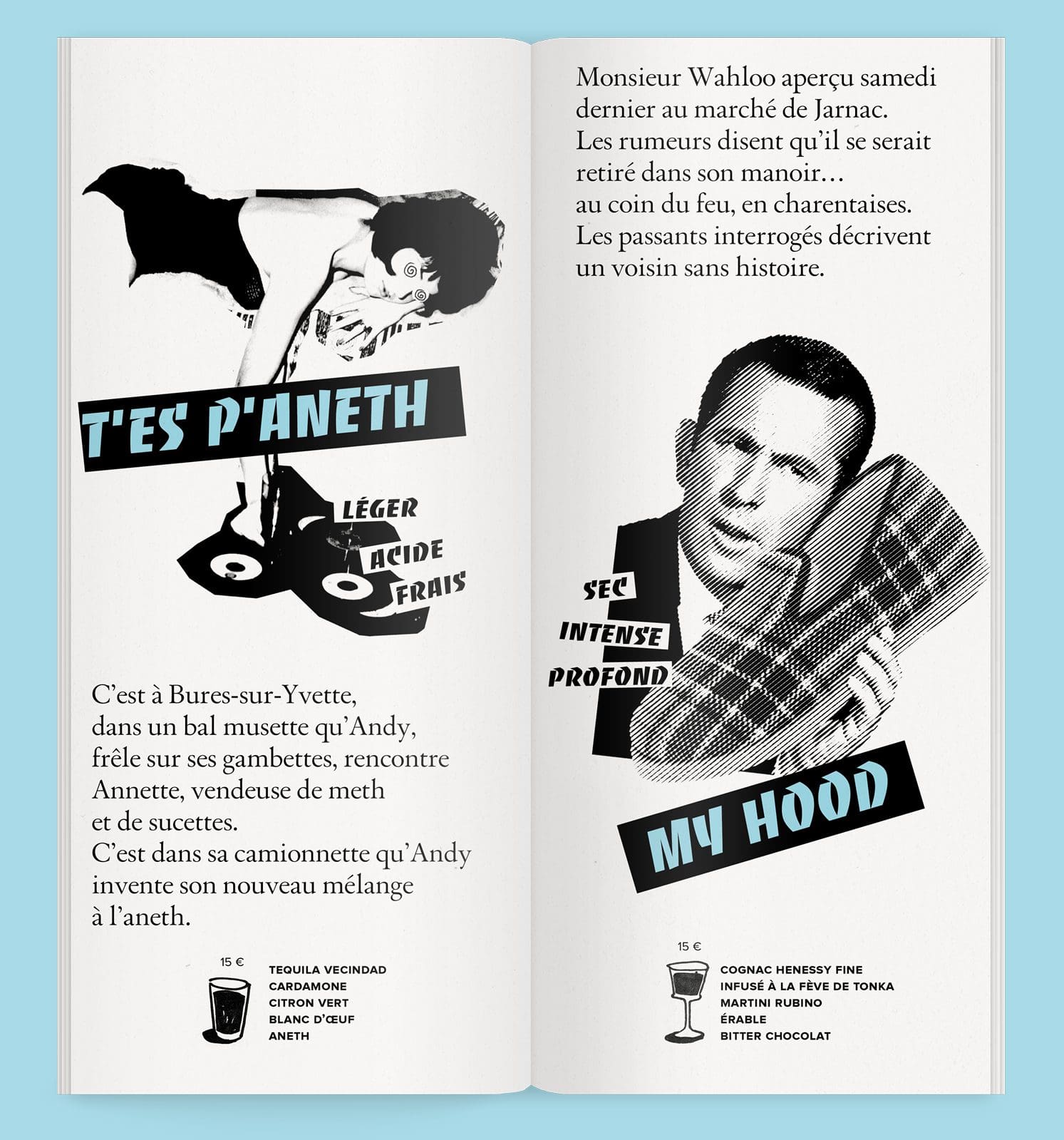 T'es P'Aneth, My Hood, double page de lacarte de cocktail pour Andy Wahloo, signé IchetKar
