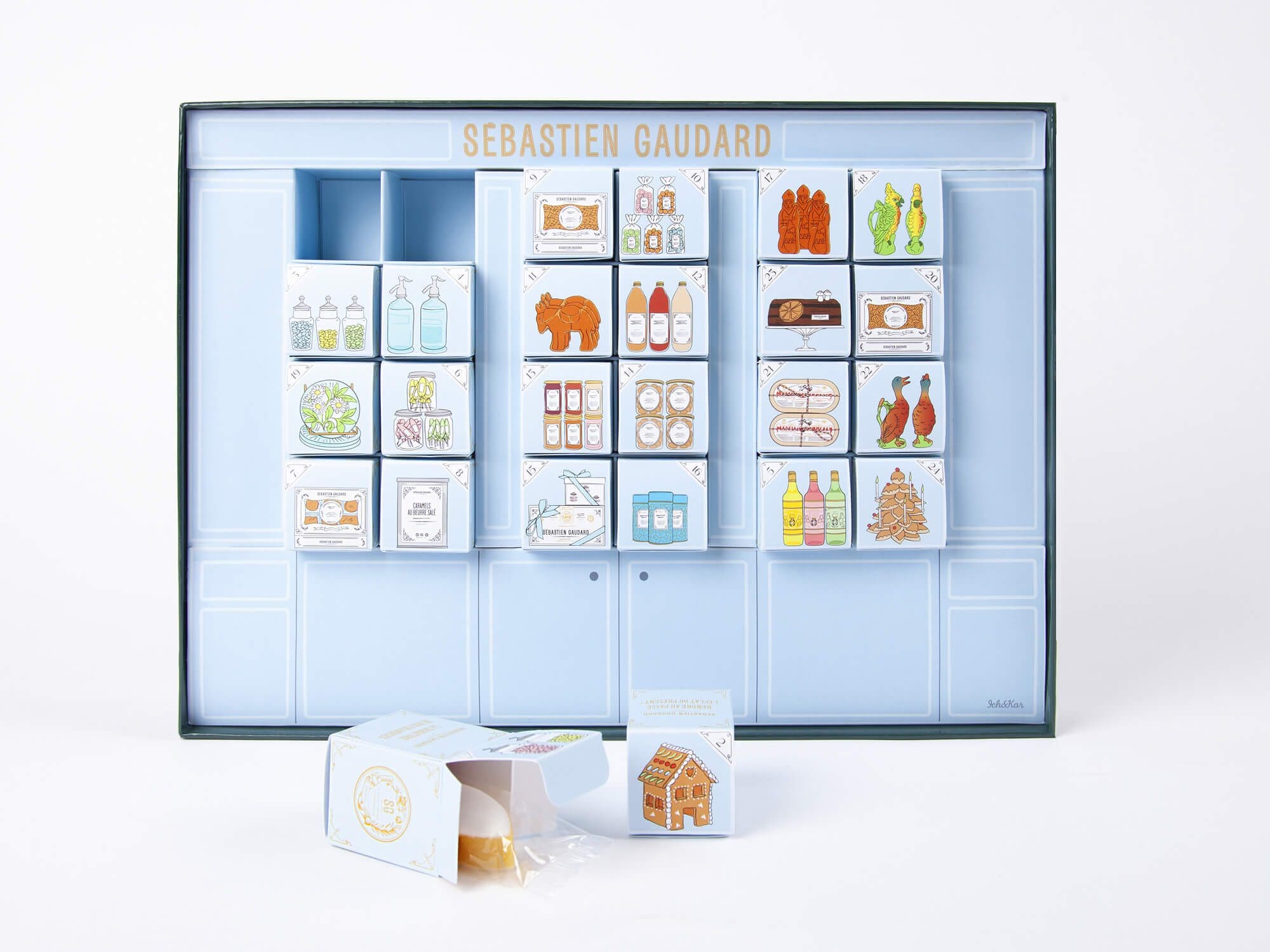 le calendrier de l'avent de rêve est signé ichetkar pour Sébastien Gaudard un travail de packaging soigné en forme de boutique