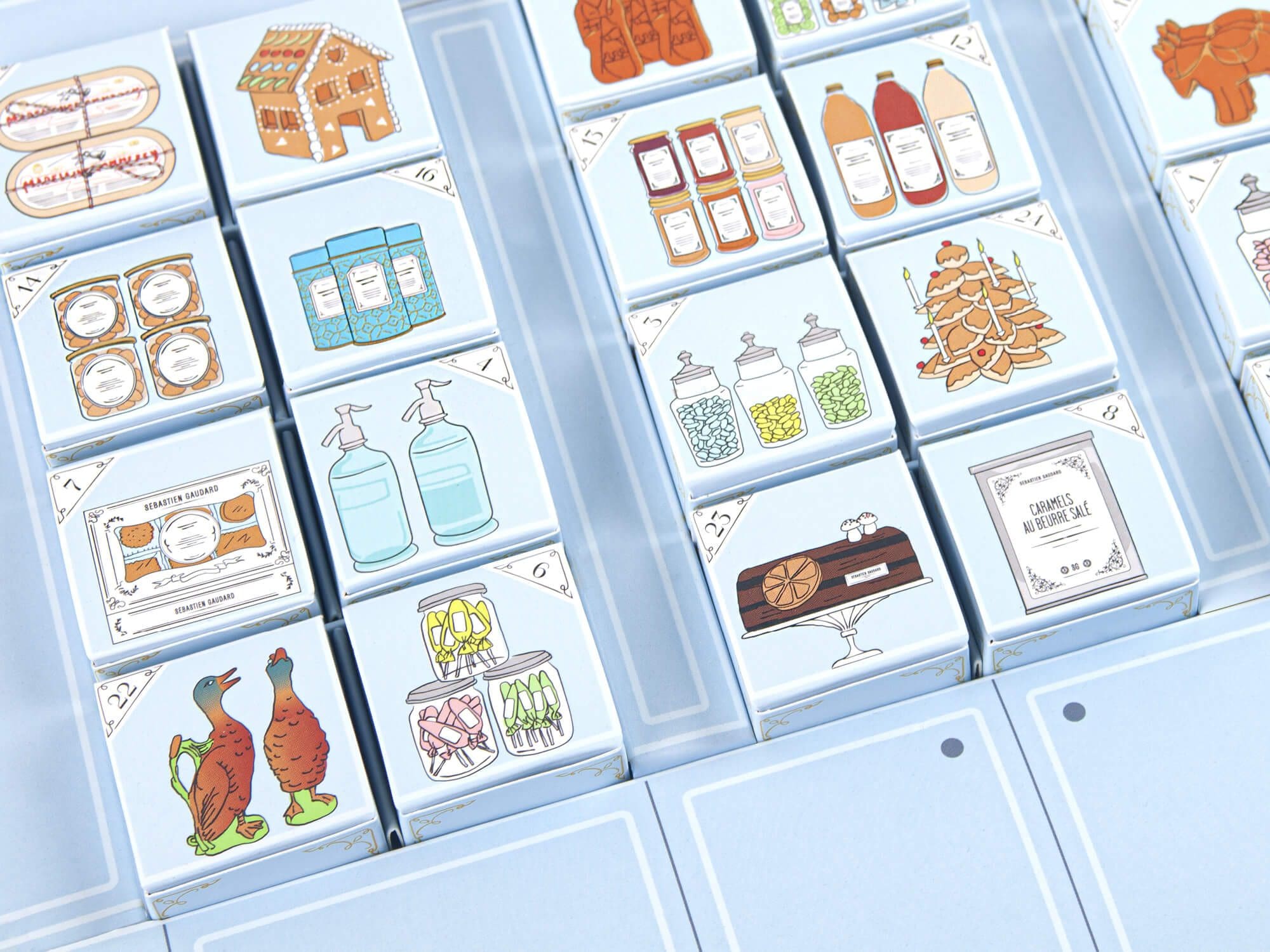 le studio de création ichetkar illustre le calendrier de l'avent du patissier Sébastien Gaudard, une collection graphique de petites illustrations food en couleur