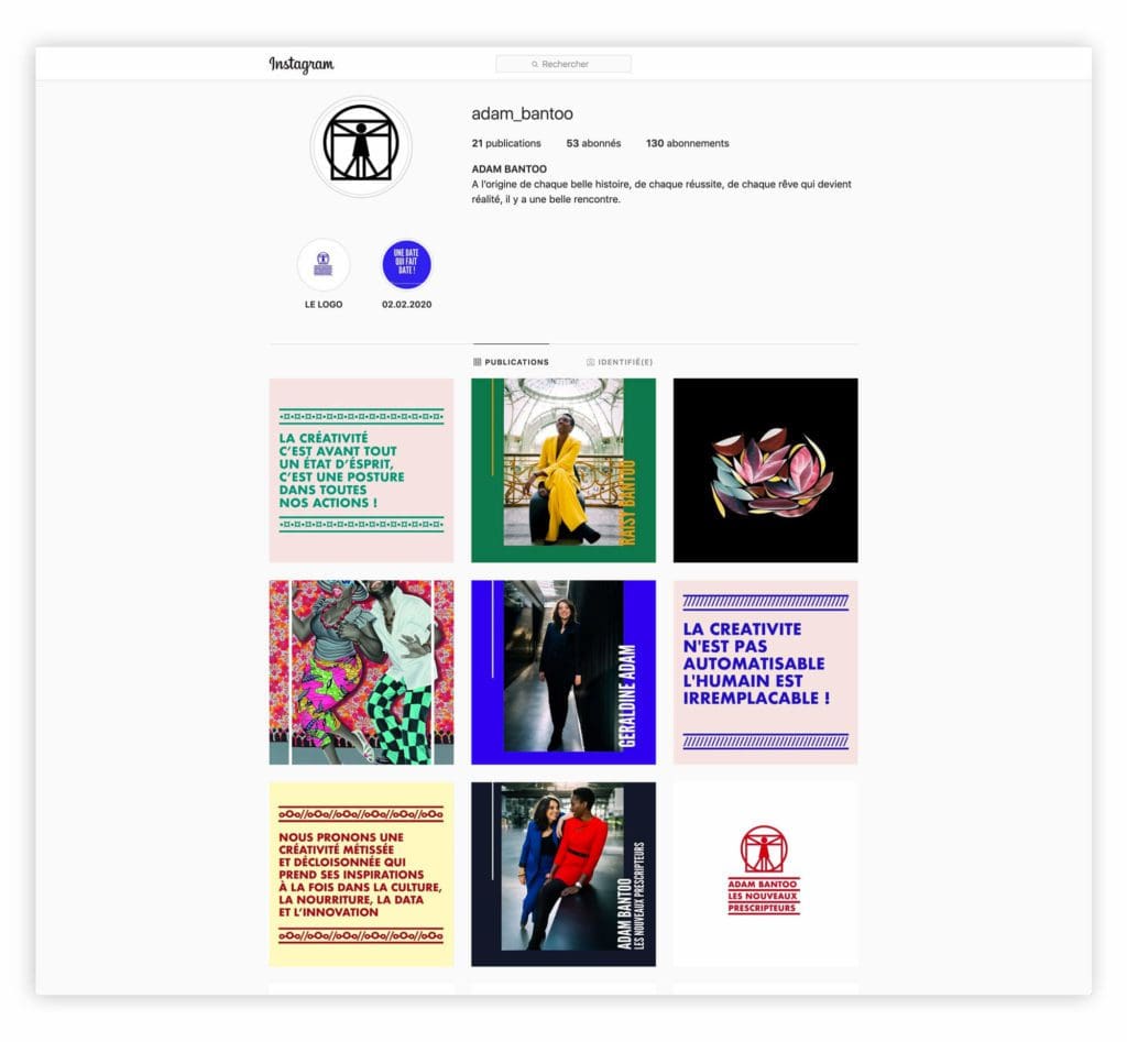 La page instagram d'Adam Bantoo avec des phrases graphiques et percutantes, identité visuelle par Helena Ichbiah