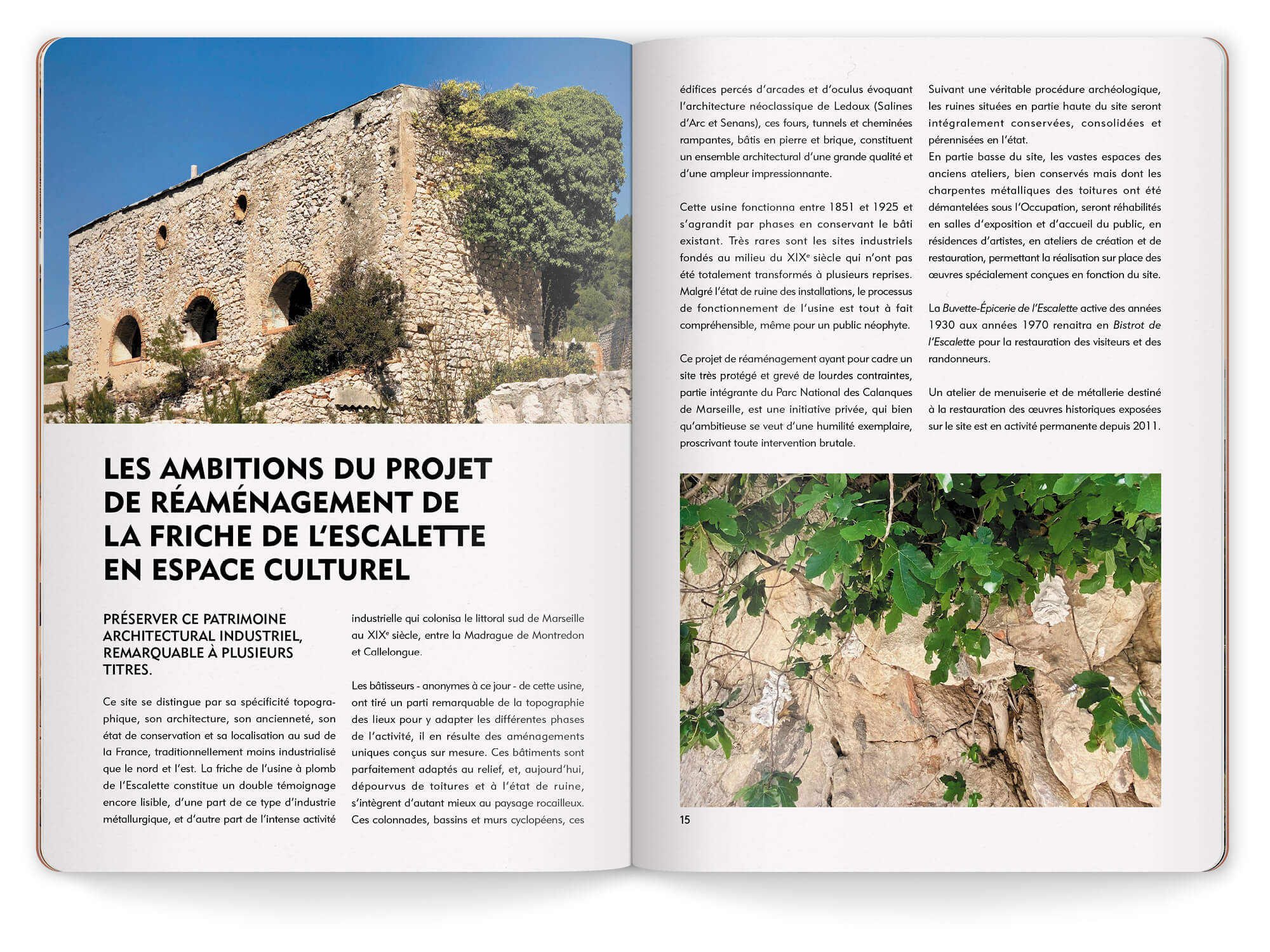 Double page montrant des photos de la friche de l'Escalette avec une nature préservée.