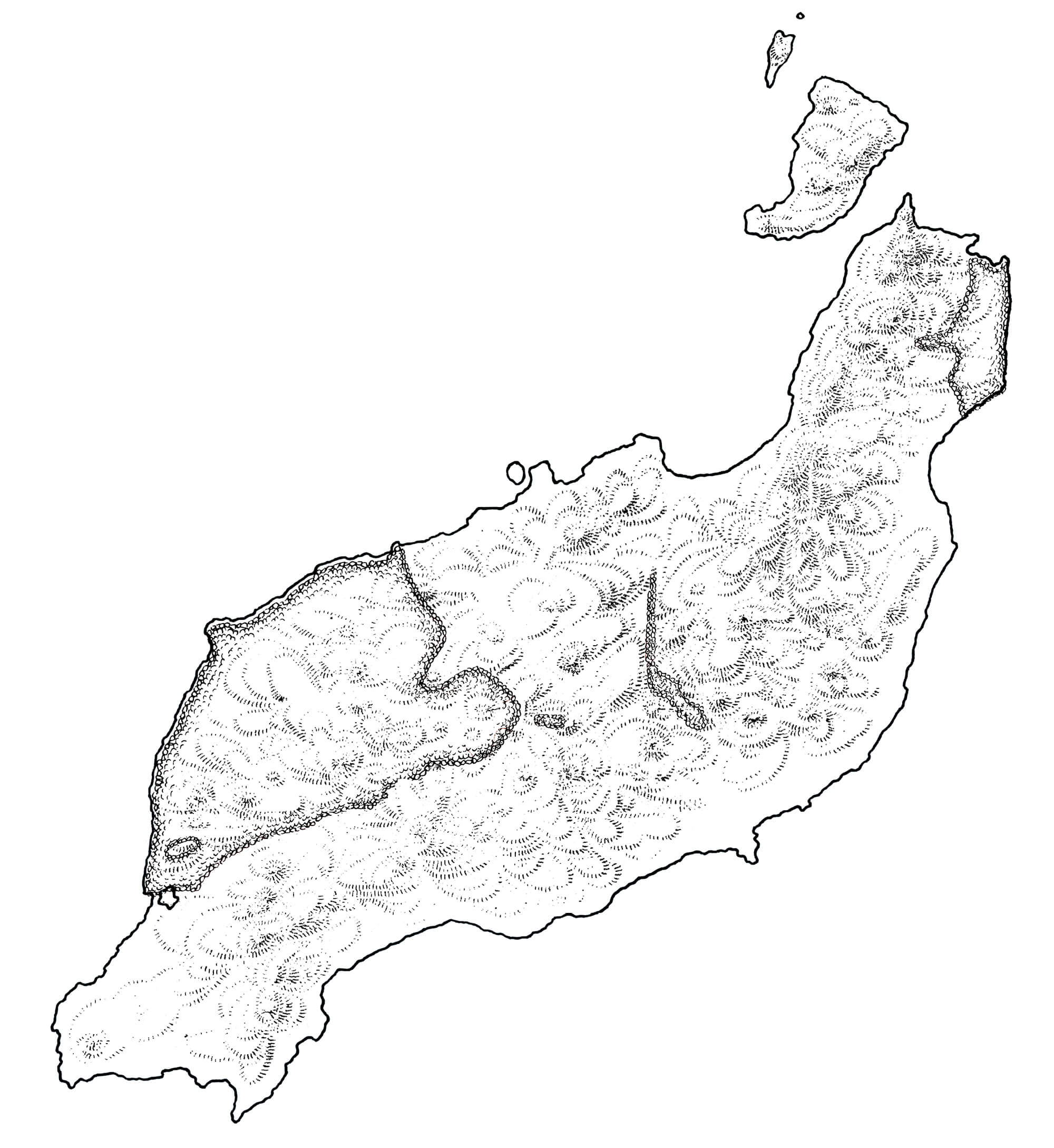 La carte dessinée faisant apparaître les nombreux reliefs de l'Ile volcanique Lanzarote