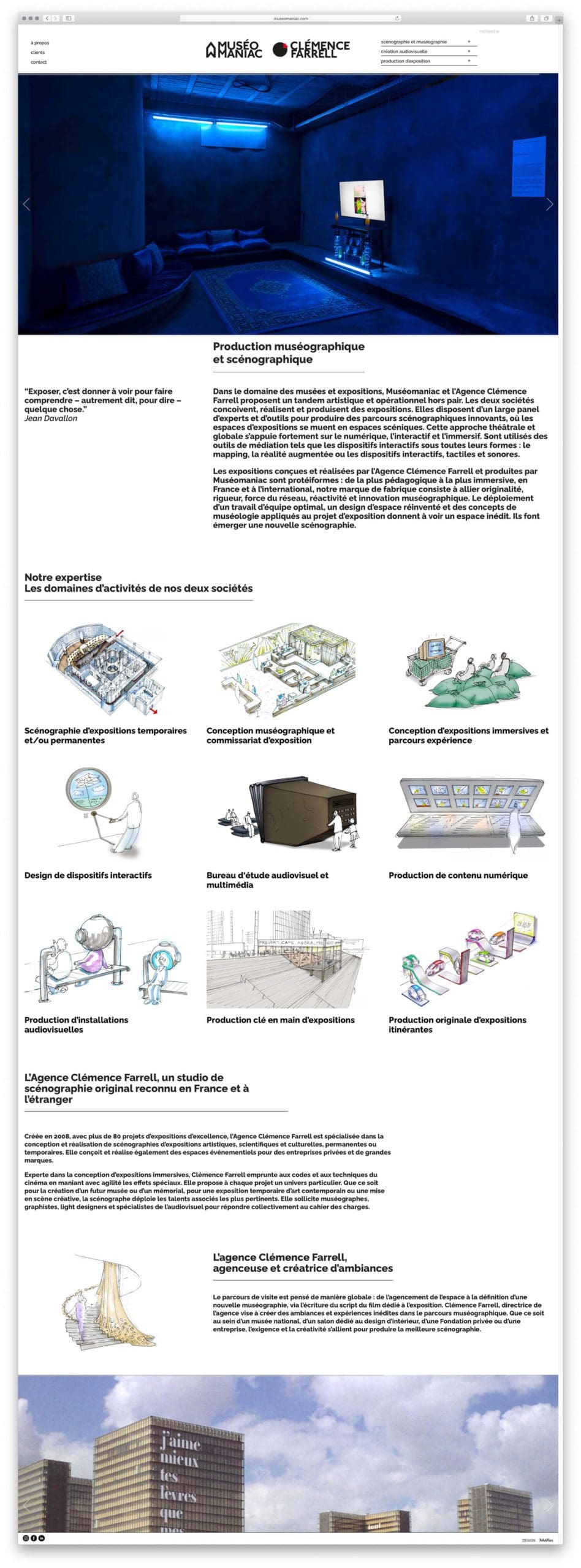 La home page du site Muséomaniac, texte et dessins de clemence farrell classé en catégorie, maquette web IchetKar