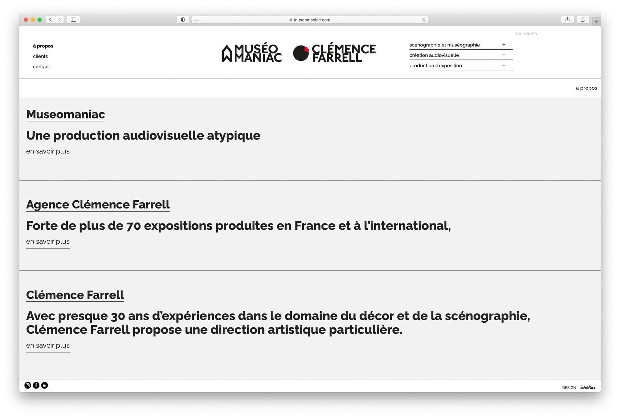 La page à propos du site muséomaniac.com qui presente l'agence et la biographie de clémence farrell