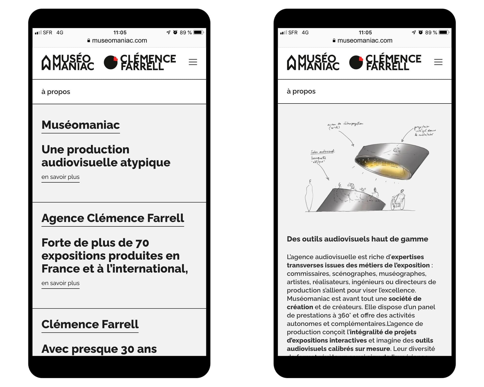 La page à propos en version responsive qui présente les 3 sociétés de Clémence Farrell, maquette web Helena Ichbiah