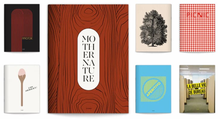 ichetkar dessine la maquette du magazine de design designerbox, les trois premiers numéros disposés en eventail montent les couvertures illustrées